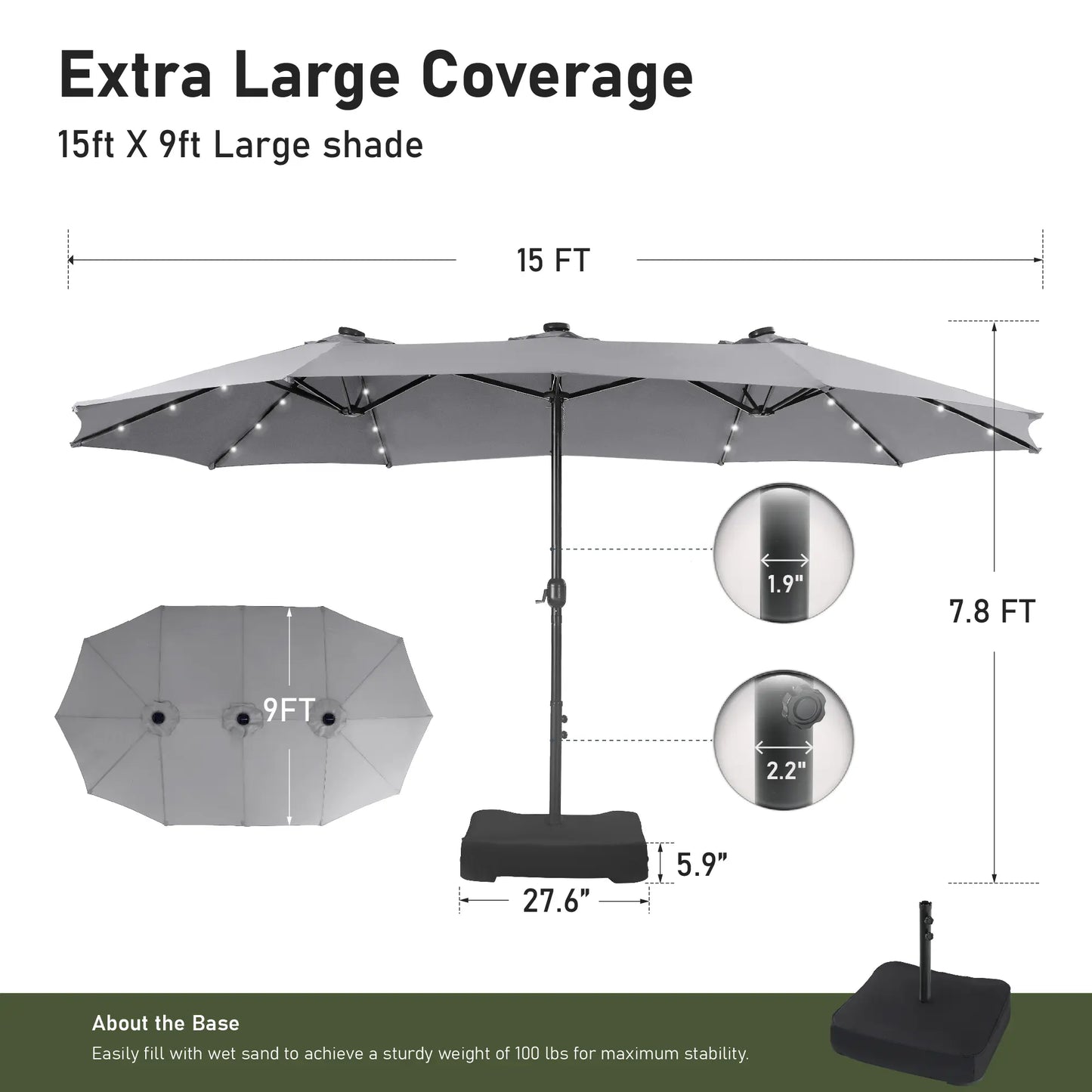15Ft Extra-Large Double-Sided Patio Umbrella | Waterproof Outdoor Canopy with Base & Solar LED Option