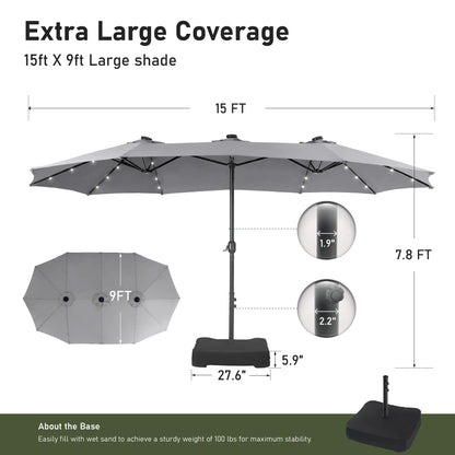 15Ft Extra-Large Double-Sided Patio Umbrella | Waterproof Outdoor Canopy with Base & Solar LED Option