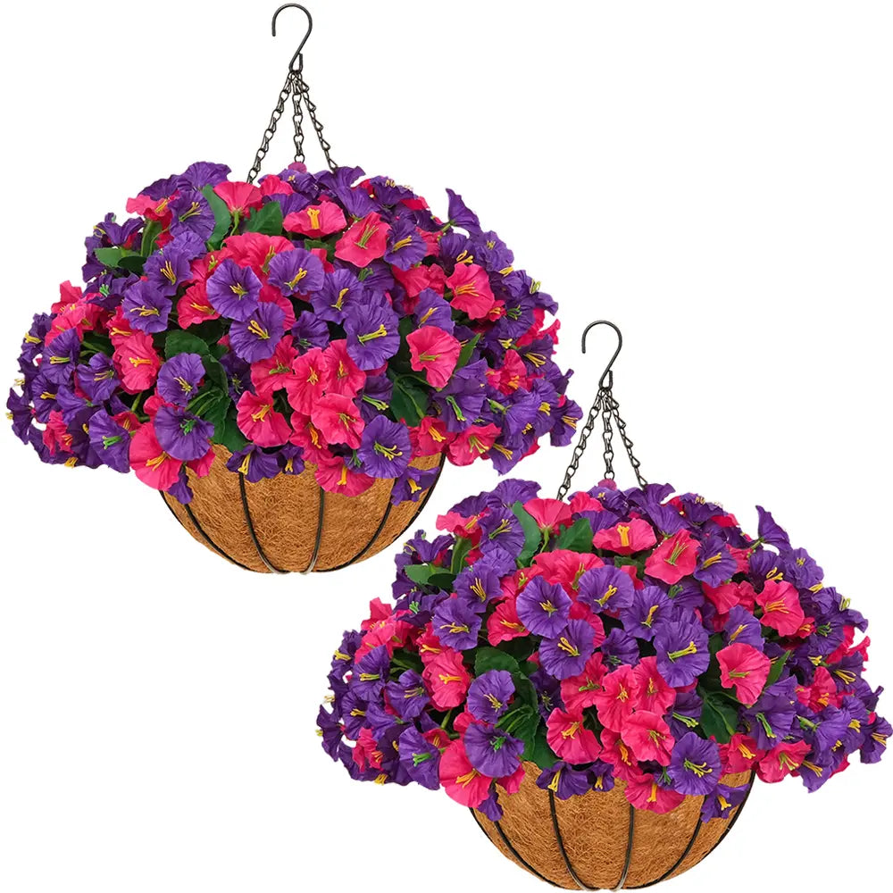 2-Pack Artificial Morning Glory Hanging Flower Baskets | UV-Resistant Faux Plants for Outdoor Decor