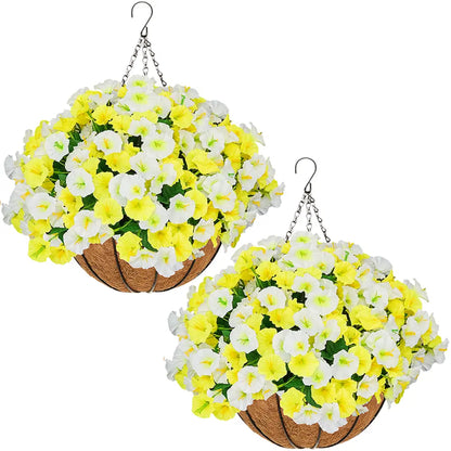 2-Pack Artificial Morning Glory Hanging Flower Baskets | UV-Resistant Faux Plants for Outdoor Decor