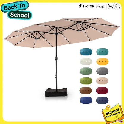 15Ft Extra-Large Double-Sided Patio Umbrella | Waterproof Outdoor Canopy with Base & Solar LED Option