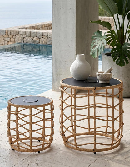 Boho Solar Side Table Set (2-Piece) – All-Weather Wicker with Built-In Lights