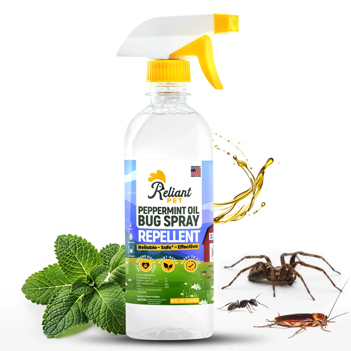 Reliant Natural Peppermint Oil Bug Spray | Ant, Spider & Roach Repellent | Pet & Kid Safe (16 oz, Made in USA)