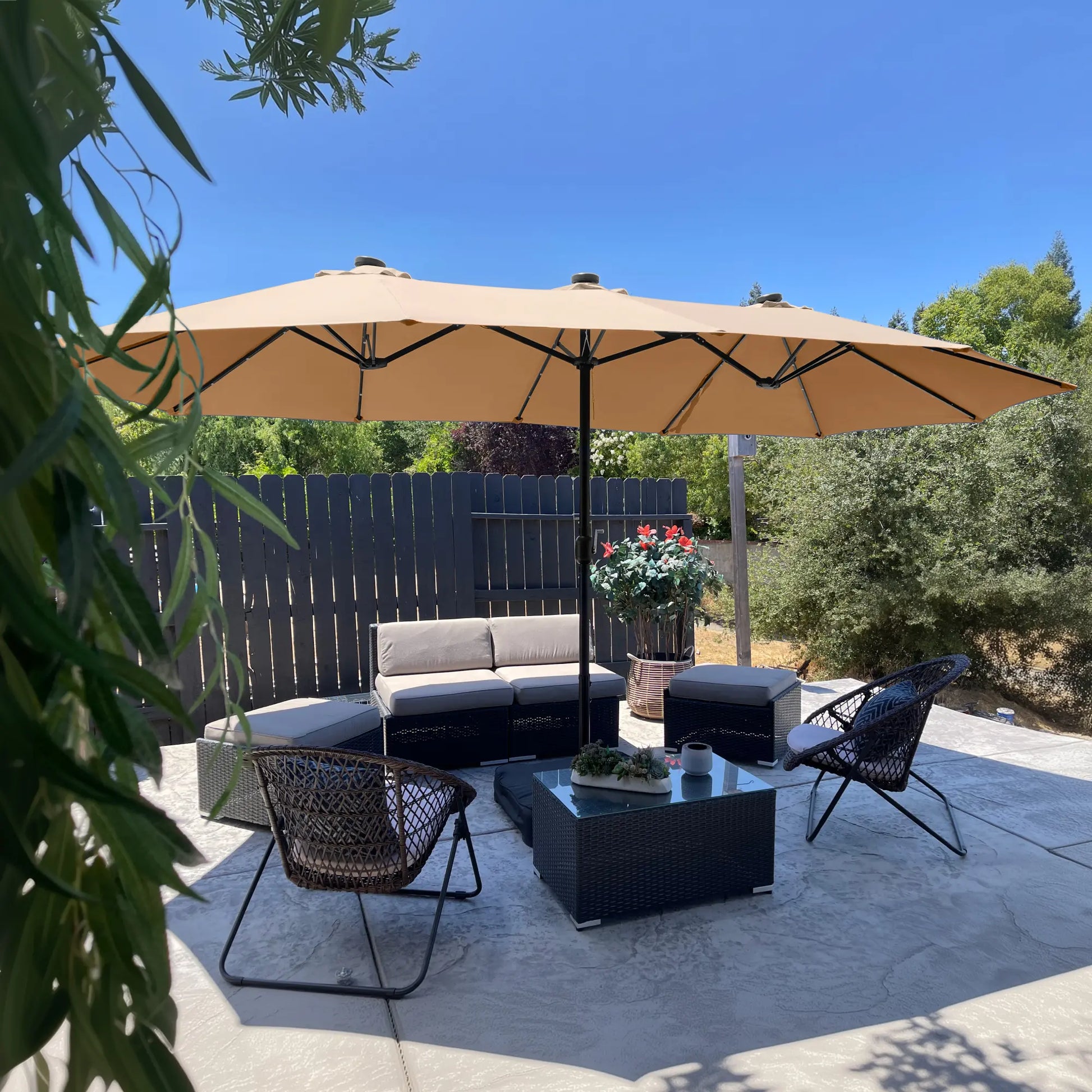 15Ft Extra-Large Double-Sided Patio Umbrella | Waterproof Outdoor Canopy with Base & Solar LED Option