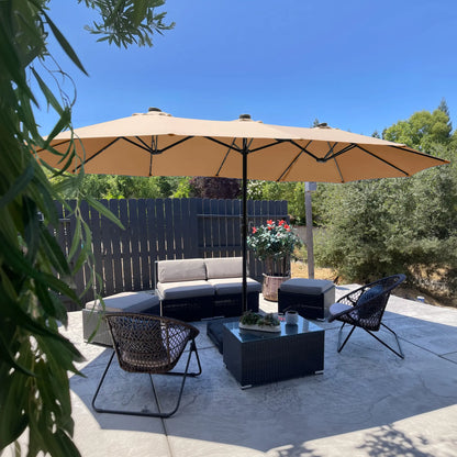 15Ft Extra-Large Double-Sided Patio Umbrella | Waterproof Outdoor Canopy with Base & Solar LED Option