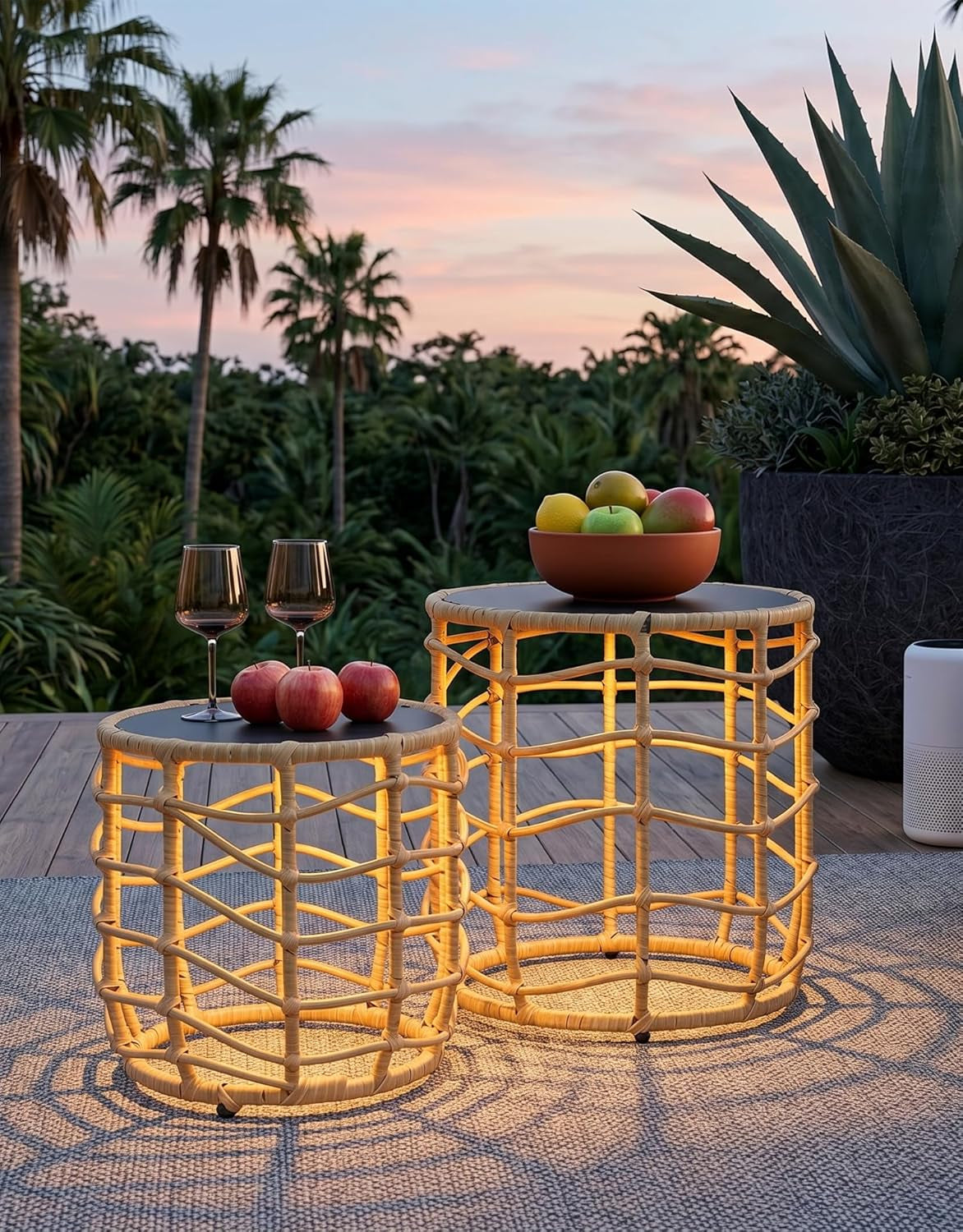 Boho Solar Side Table Set (2-Piece) – All-Weather Wicker with Built-In Lights