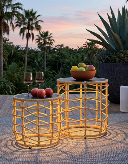 Boho Solar Side Table Set (2-Piece) – All-Weather Wicker with Built-In Lights