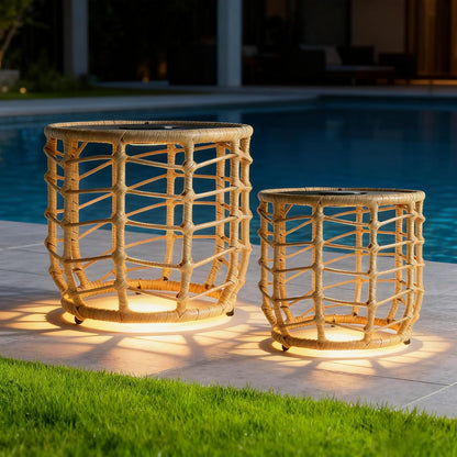 Boho Solar Side Table Set (2-Piece) – All-Weather Wicker with Built-In Lights