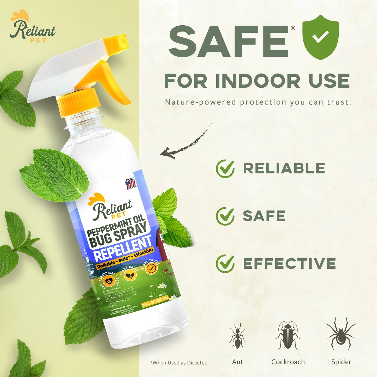 Reliant Natural Peppermint Oil Bug Spray | Ant, Spider & Roach Repellent | Pet & Kid Safe (16 oz, Made in USA)