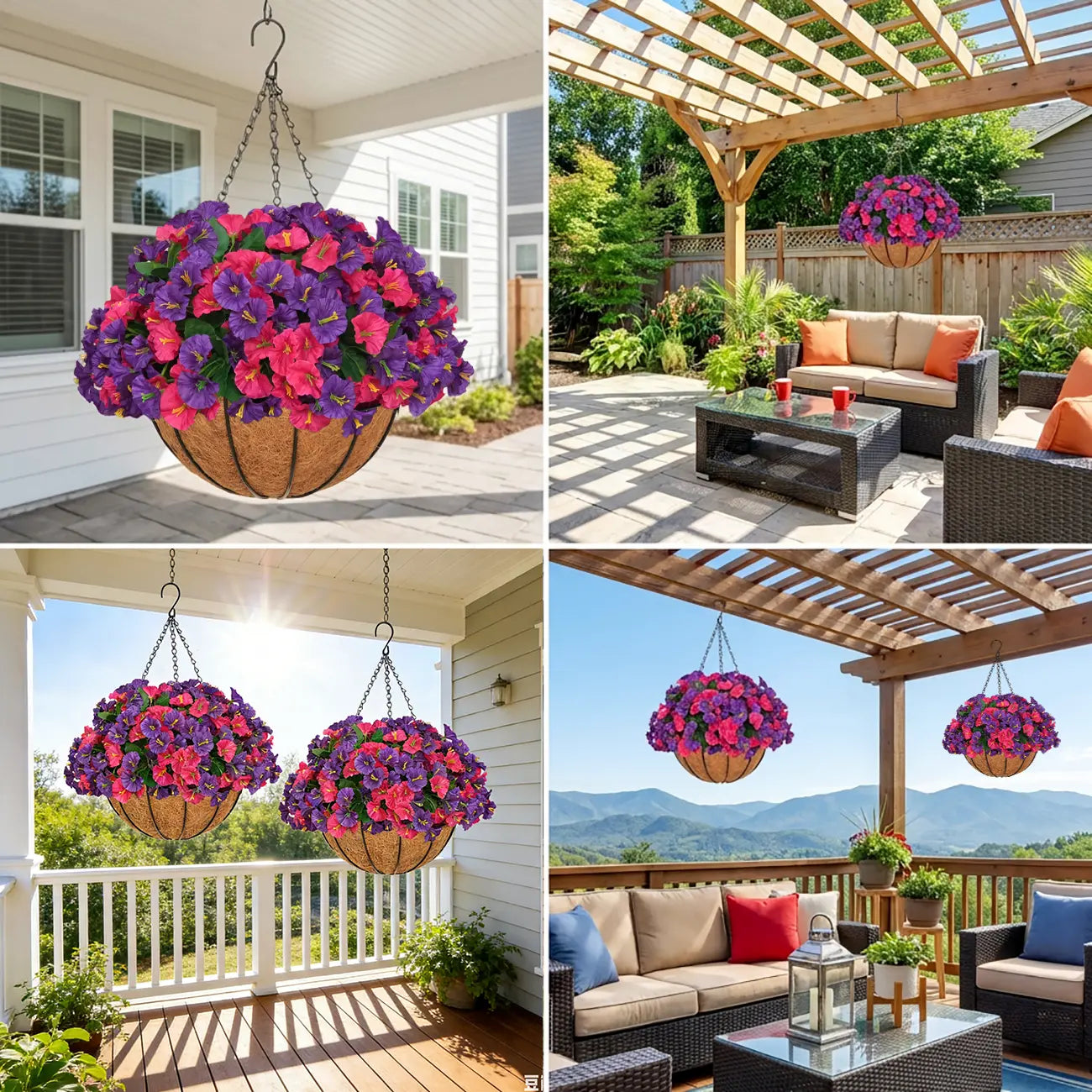 2-Pack Artificial Morning Glory Hanging Flower Baskets | UV-Resistant Faux Plants for Outdoor Decor