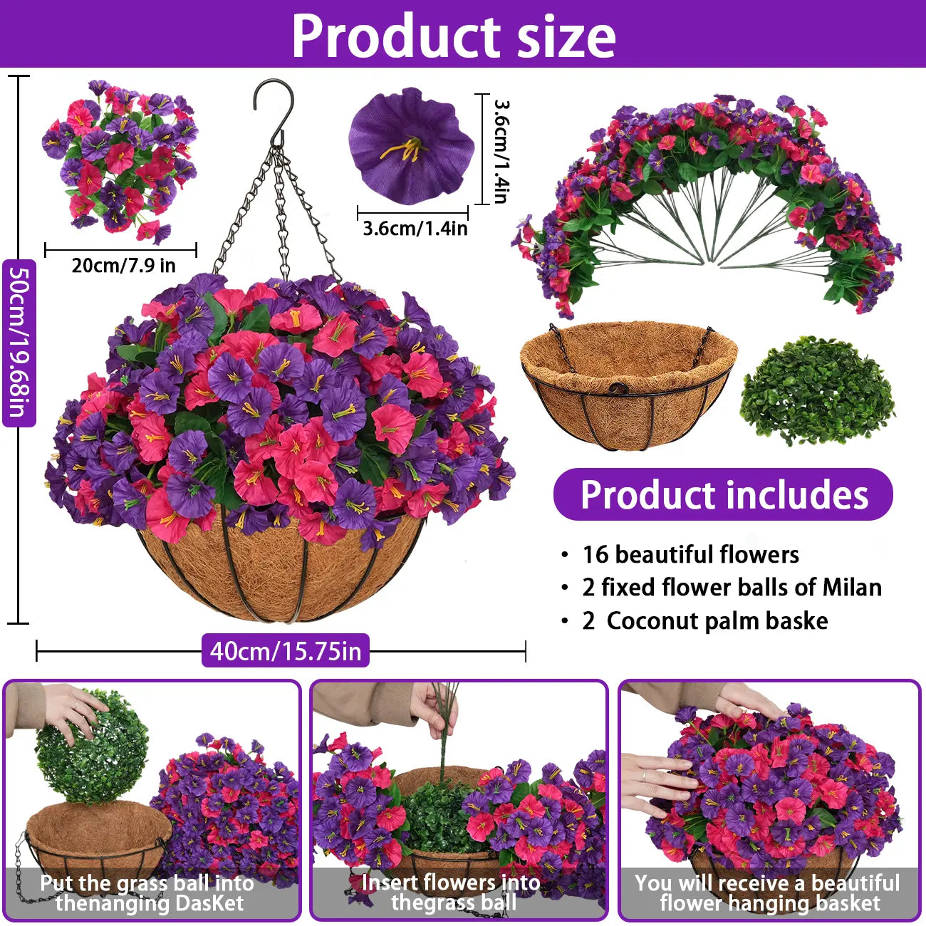 2-Pack Artificial Morning Glory Hanging Flower Baskets | UV-Resistant Faux Plants for Outdoor Decor