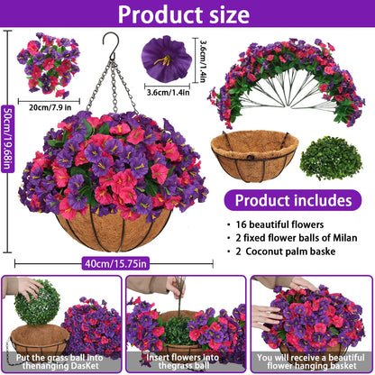 2-Pack Artificial Morning Glory Hanging Flower Baskets | UV-Resistant Faux Plants for Outdoor Decor