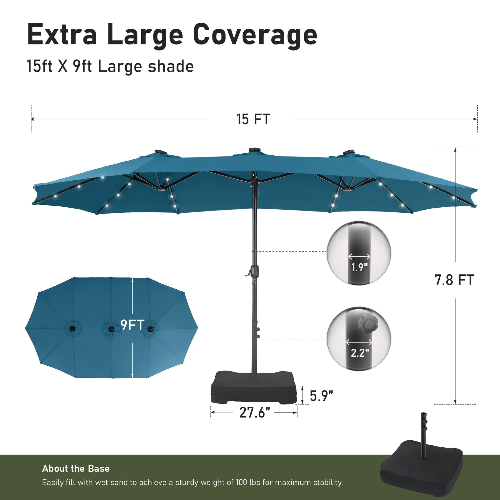 15Ft Extra-Large Double-Sided Patio Umbrella | Waterproof Outdoor Canopy with Base & Solar LED Option