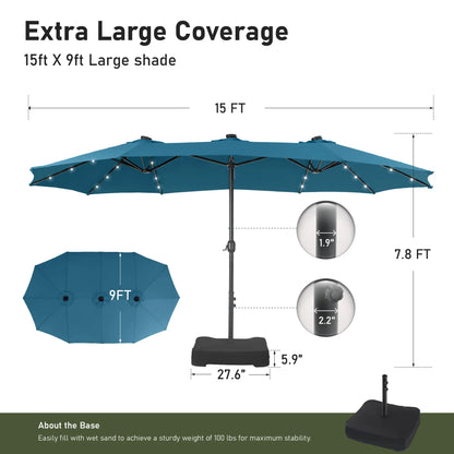 15Ft Extra-Large Double-Sided Patio Umbrella | Waterproof Outdoor Canopy with Base & Solar LED Option