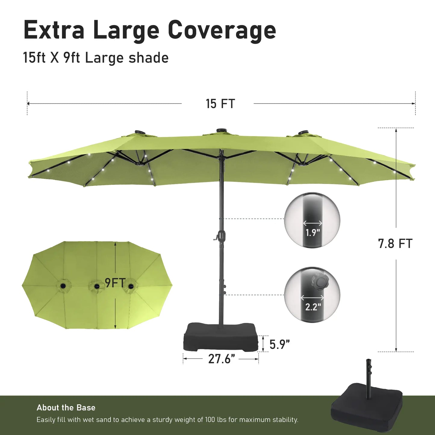 15Ft Extra-Large Double-Sided Patio Umbrella | Waterproof Outdoor Canopy with Base & Solar LED Option