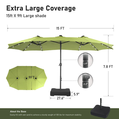 15Ft Extra-Large Double-Sided Patio Umbrella | Waterproof Outdoor Canopy with Base & Solar LED Option
