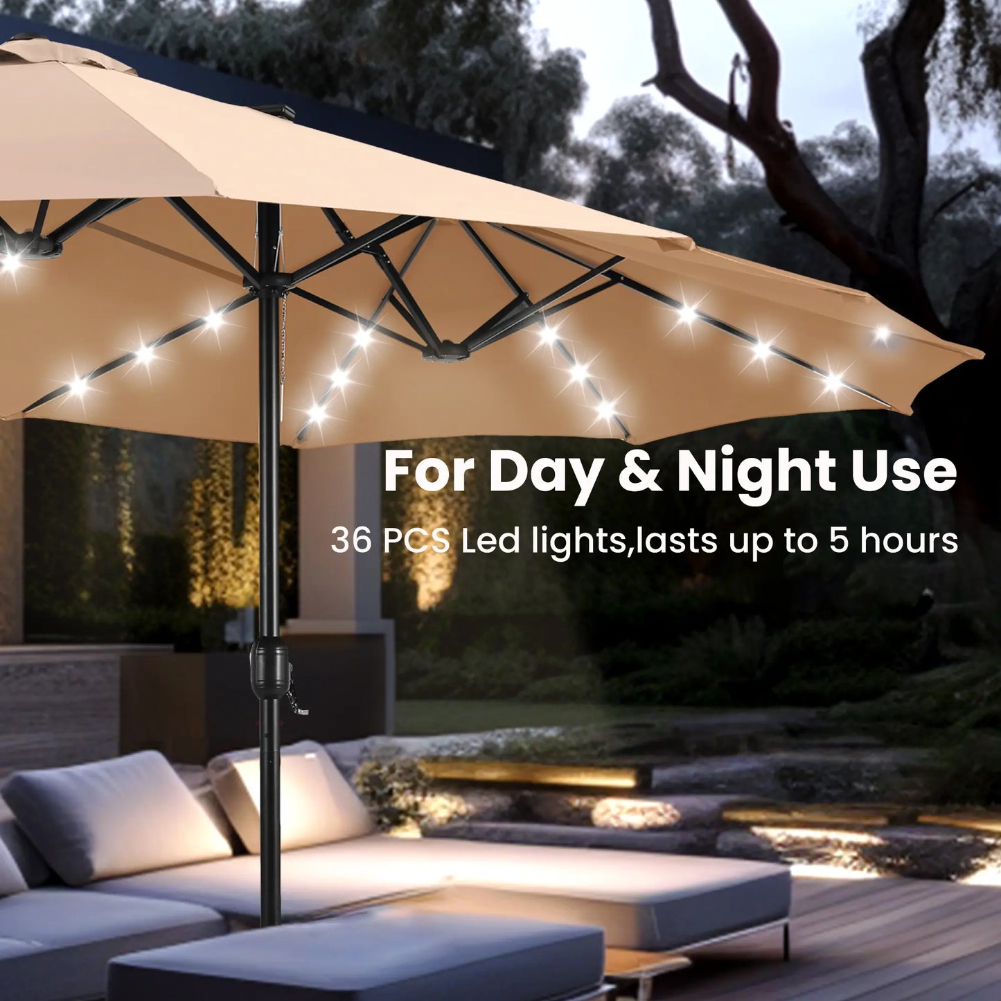 15Ft Extra-Large Double-Sided Patio Umbrella | Waterproof Outdoor Canopy with Base & Solar LED Option