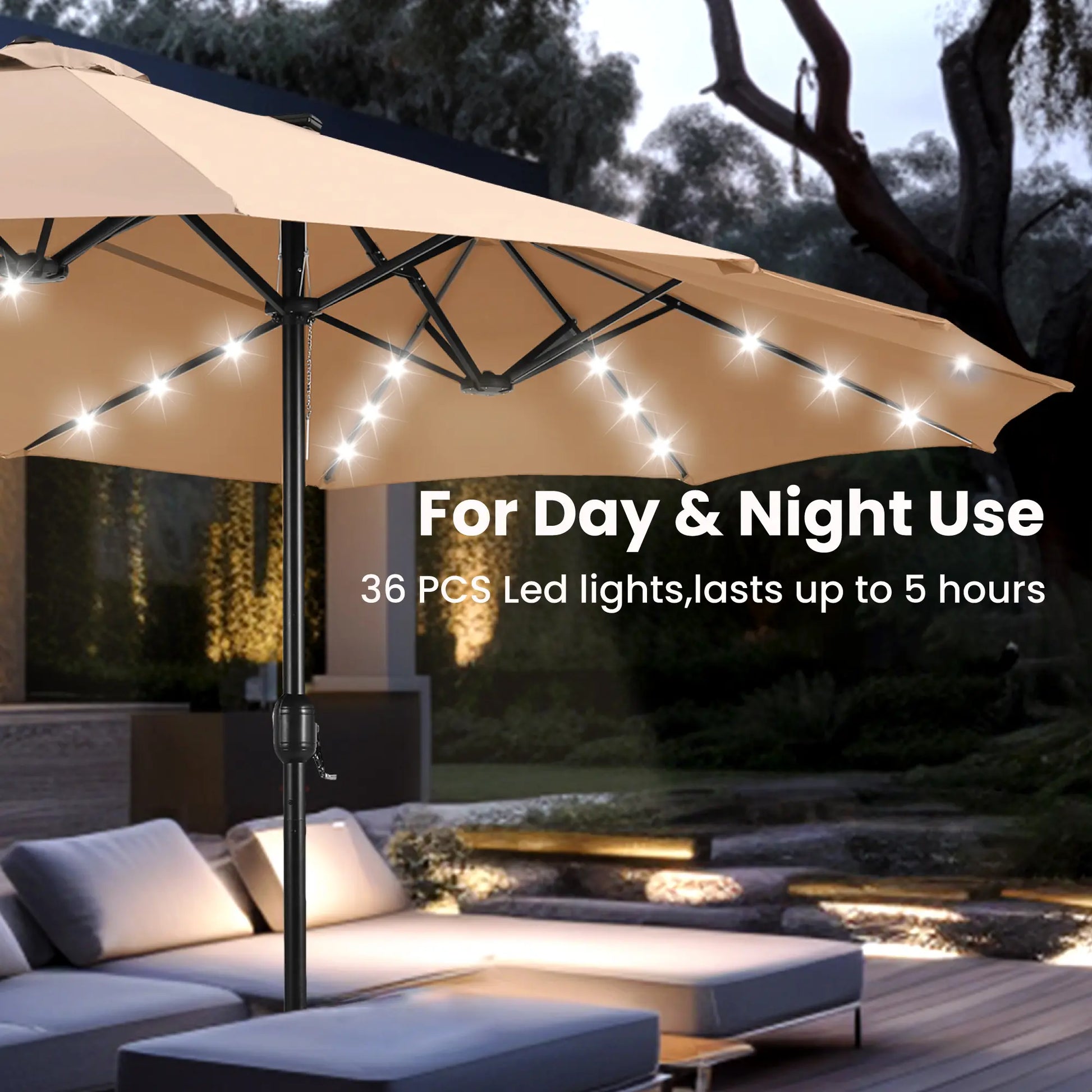 15Ft Extra-Large Double-Sided Patio Umbrella | Waterproof Outdoor Canopy with Base & Solar LED Option
