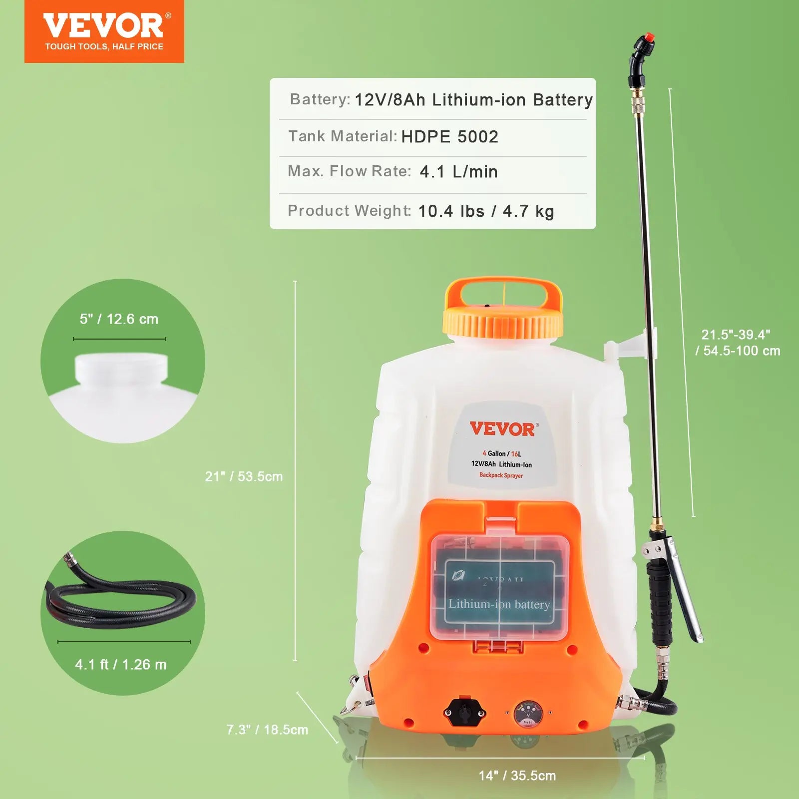 Battery-Powered Electric Backpack Sprayer | 4-Gallon Tank, 90 PSI Adjustable Pressure (12V 8Ah)