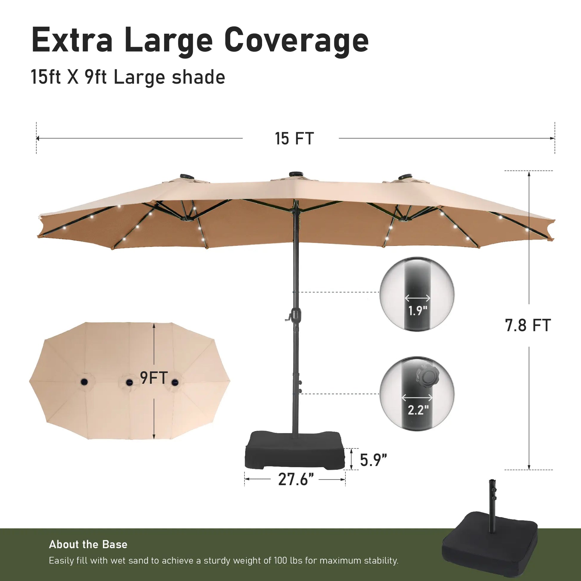 15Ft Extra-Large Double-Sided Patio Umbrella | Waterproof Outdoor Canopy with Base & Solar LED Option
