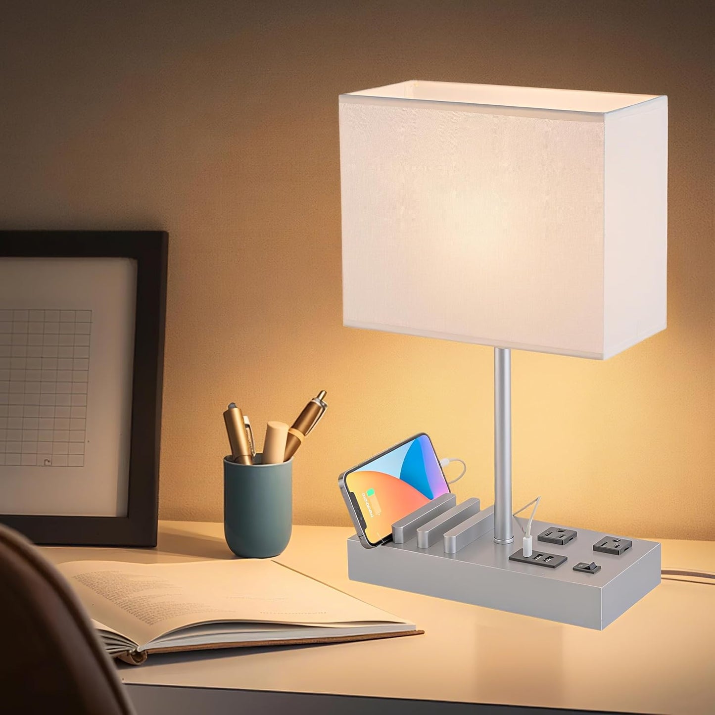 Bedside Lamp with 3 USB Ports & Phone Stand – Modern Nightstand Light