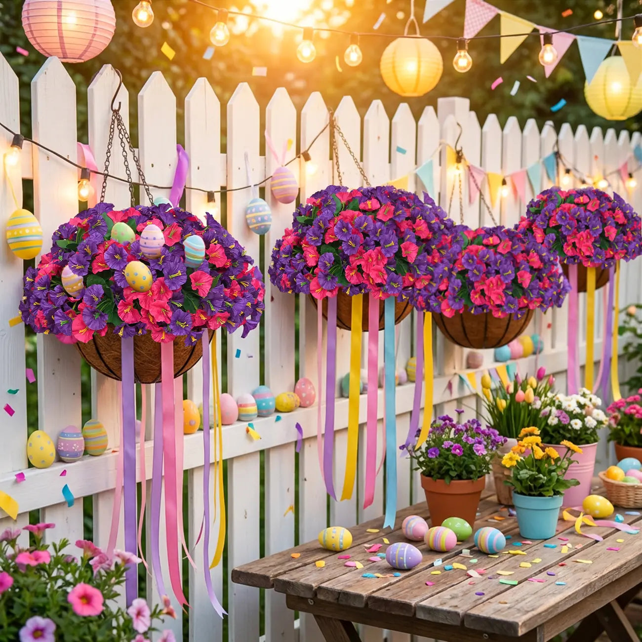 2-Pack Artificial Morning Glory Hanging Flower Baskets | UV-Resistant Faux Plants for Outdoor Decor