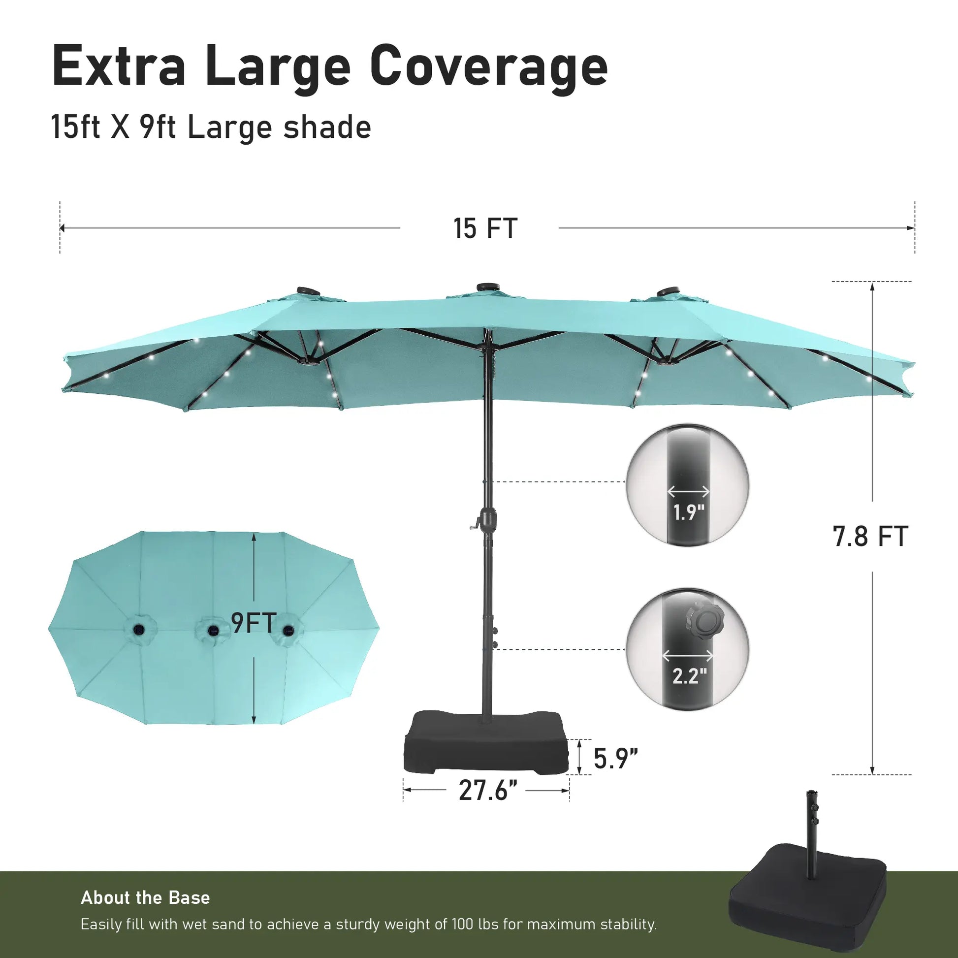 15Ft Extra-Large Double-Sided Patio Umbrella | Waterproof Outdoor Canopy with Base & Solar LED Option