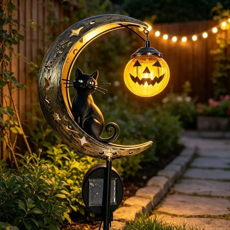 Solar-Powered Halloween Pathway Light | Black Cat & Pumpkin Waterproof Outdoor Garden Stake