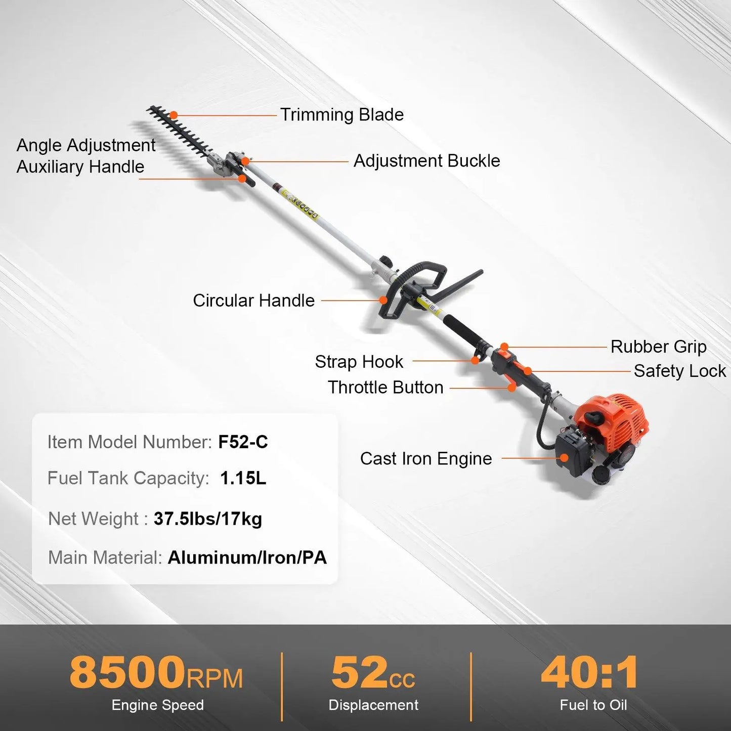 52CC 6-In-1 Gas Powered Landscaping Multi-Tool | Brush Cutter, Pole Saw & Hedge Trimmer Kit
