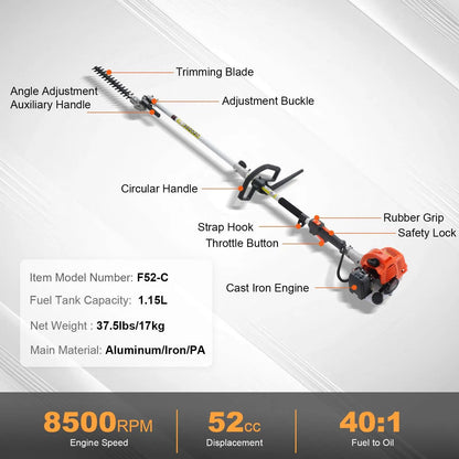 52CC 6-In-1 Gas Powered Landscaping Multi-Tool | Brush Cutter, Pole Saw & Hedge Trimmer Kit