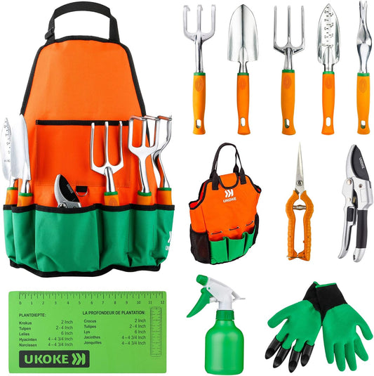 12-Piece Aluminum Garden Tool Set with Ergonomic Handles and Canvas Apron, Heavy-Duty Gardening Kit for Outdoor Use