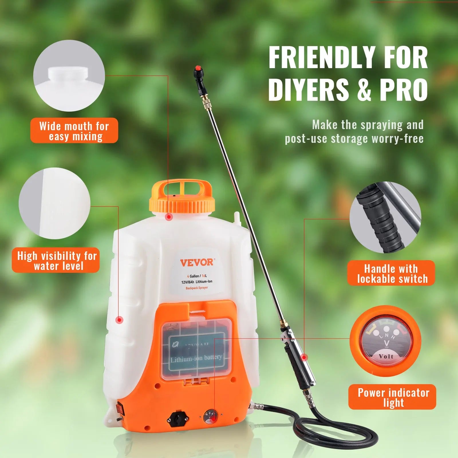 Battery-Powered Electric Backpack Sprayer | 4-Gallon Tank, 90 PSI Adjustable Pressure (12V 8Ah)