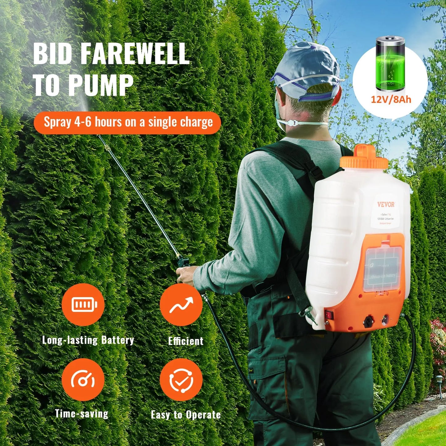 Battery-Powered Electric Backpack Sprayer | 4-Gallon Tank, 90 PSI Adjustable Pressure (12V 8Ah)