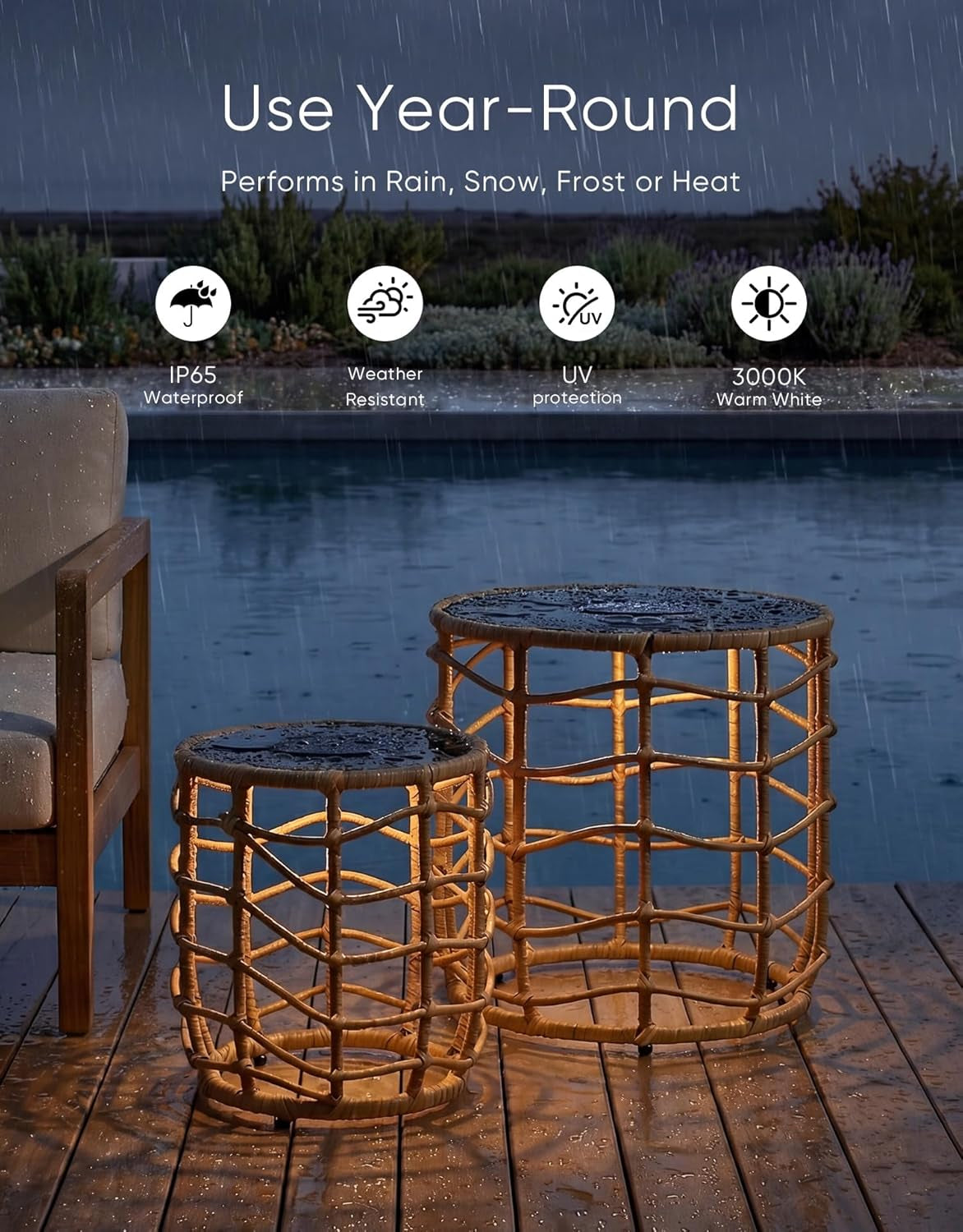 Boho Solar Side Table Set (2-Piece) – All-Weather Wicker with Built-In Lights