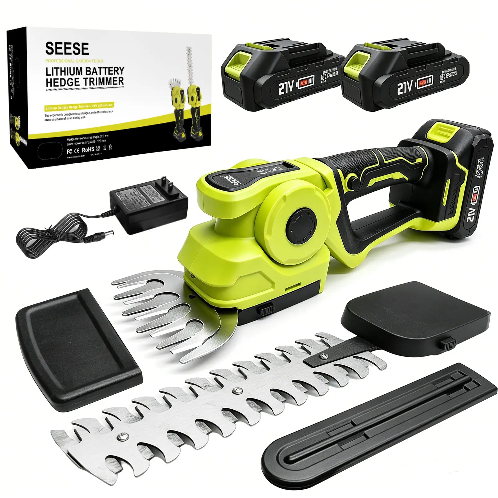 Cordless 2-In-1 Grass Shear & Shrub Trimmer | Lightweight Handheld Electric Hedge Clipper (Includes 2x 21V Batteries)
