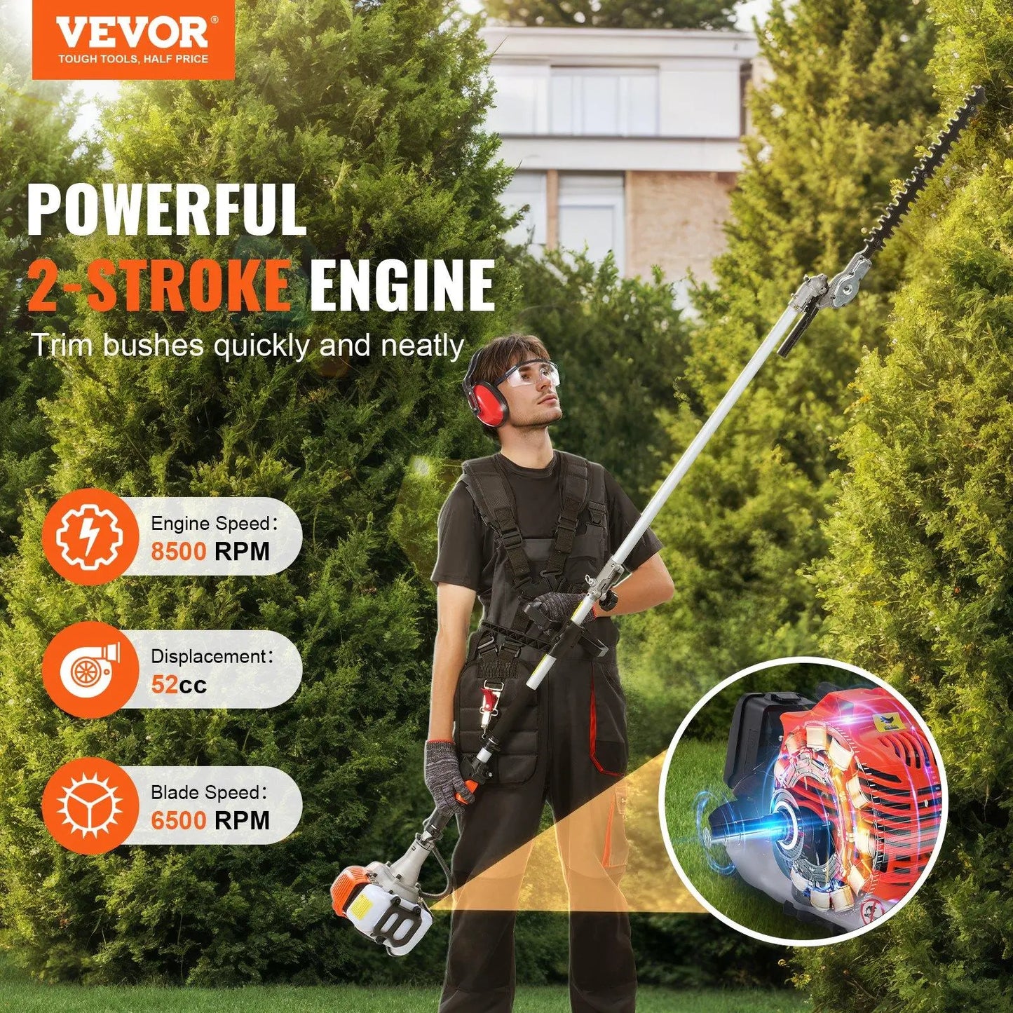 52CC 6-In-1 Gas Powered Landscaping Multi-Tool | Brush Cutter, Pole Saw & Hedge Trimmer Kit