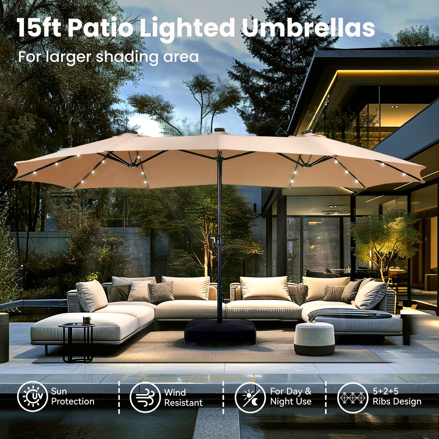 15Ft Extra-Large Double-Sided Patio Umbrella | Waterproof Outdoor Canopy with Base & Solar LED Option
