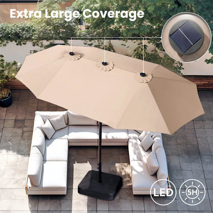 15Ft Extra-Large Double-Sided Patio Umbrella | Waterproof Outdoor Canopy with Base & Solar LED Option
