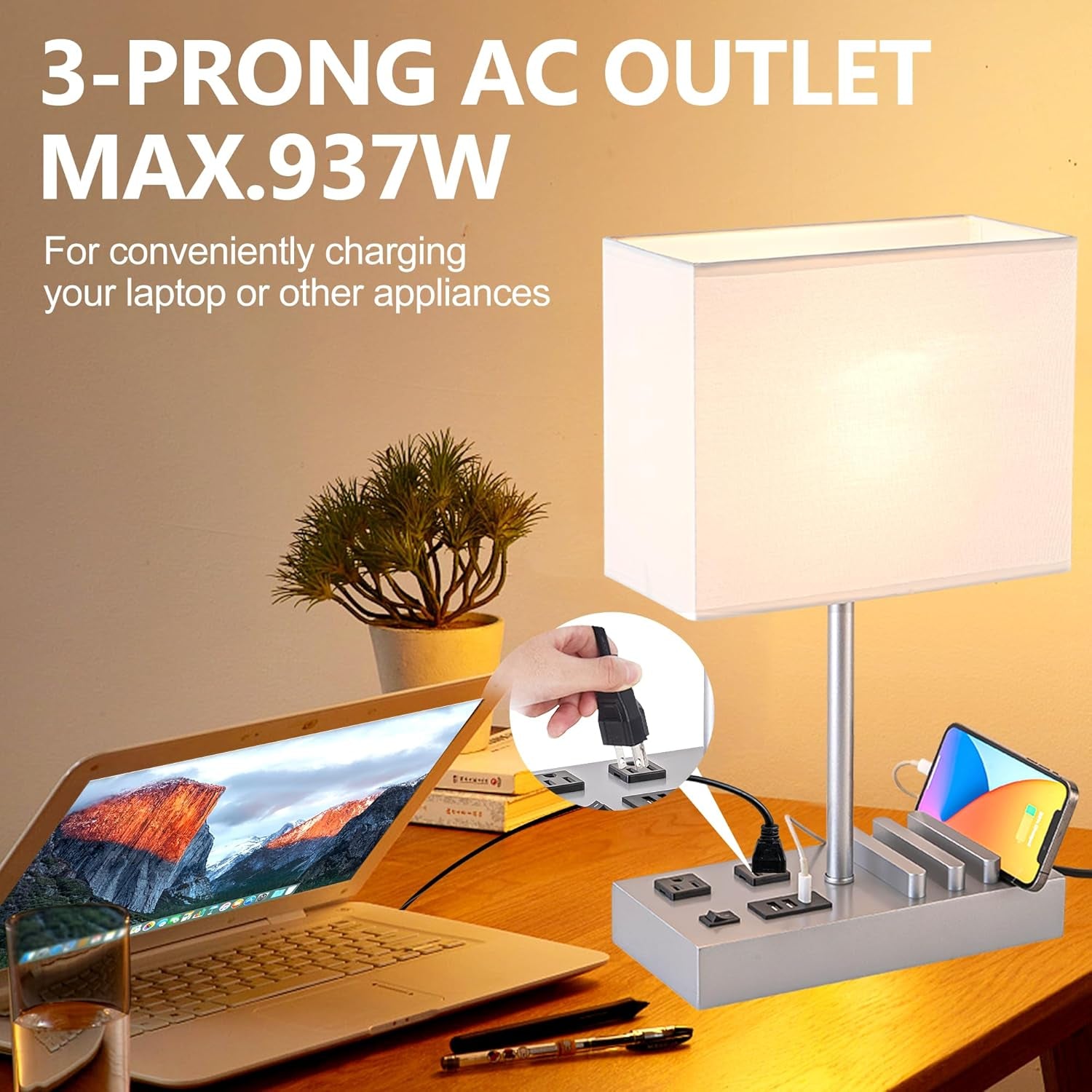 Bedside Lamp with 3 USB Ports & Phone Stand – Modern Nightstand Light