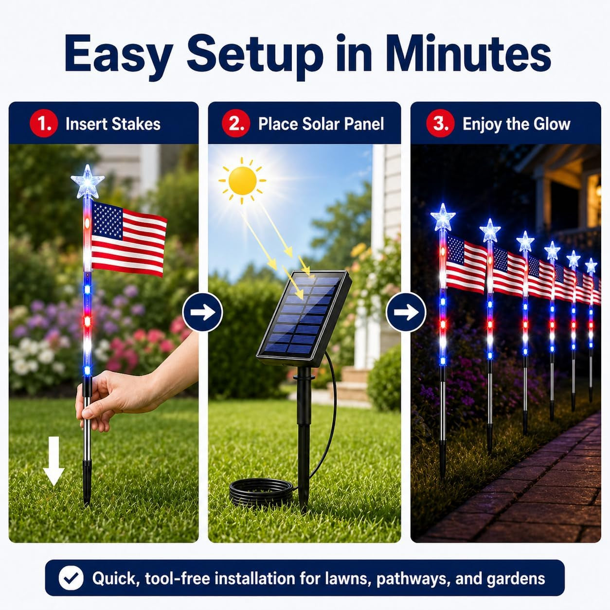 Solar American Flag Pathway Lights (8-Pack) – Waterproof Patriotic Decor