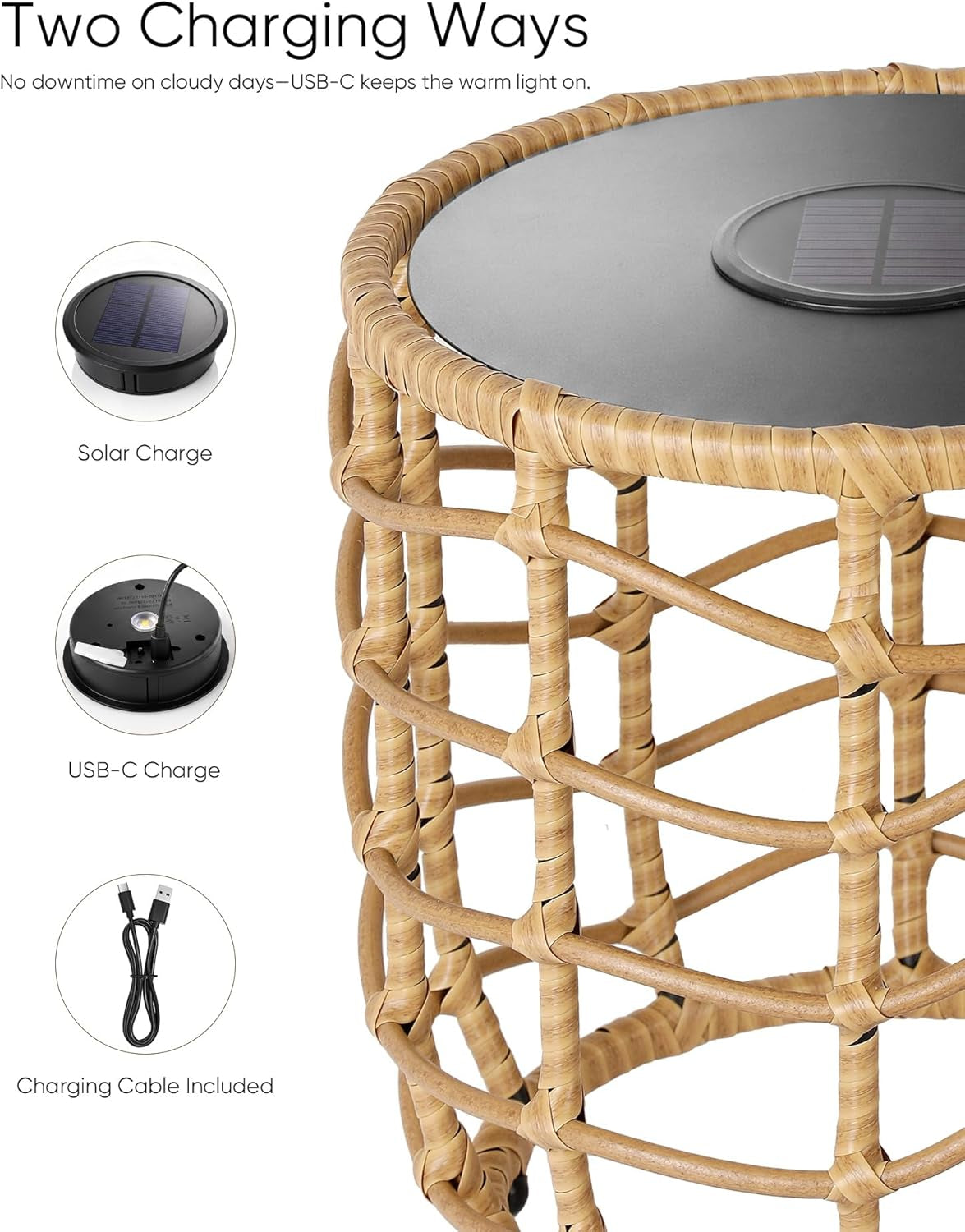 Boho Solar Side Table Set (2-Piece) – All-Weather Wicker with Built-In Lights