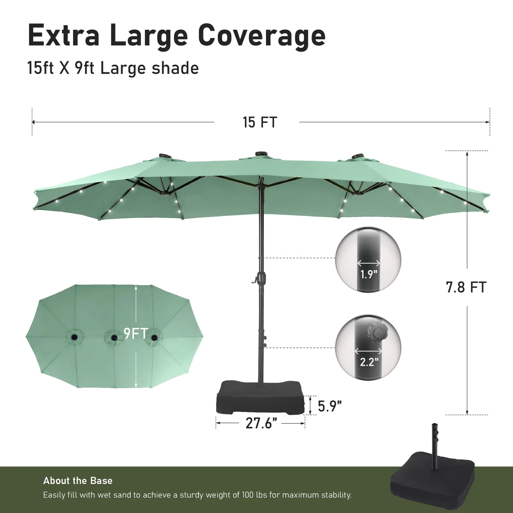 15Ft Extra-Large Double-Sided Patio Umbrella | Waterproof Outdoor Canopy with Base & Solar LED Option