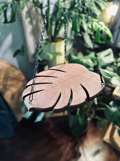 Handmade Monstera Leaf Wooden Plant Hanger with Metal Chain | Indoor & Outdoor Hanging Planter Decor
