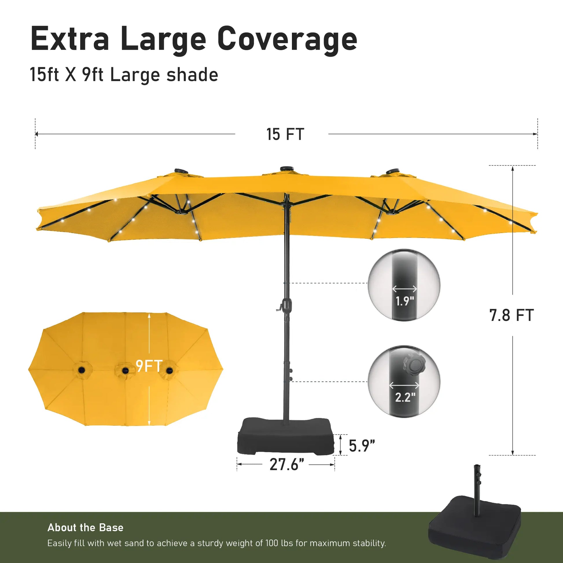 15Ft Extra-Large Double-Sided Patio Umbrella | Waterproof Outdoor Canopy with Base & Solar LED Option