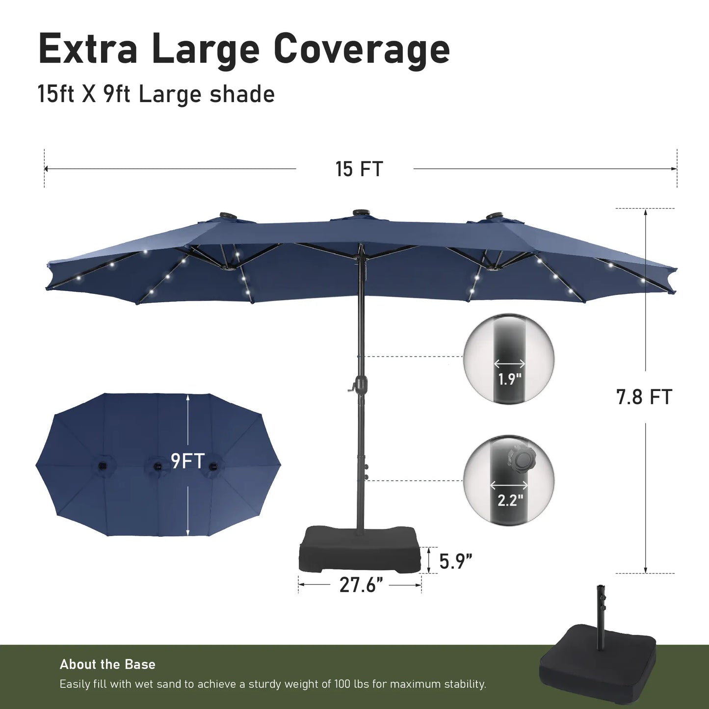 15Ft Extra-Large Double-Sided Patio Umbrella | Waterproof Outdoor Canopy with Base & Solar LED Option