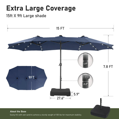 15Ft Extra-Large Double-Sided Patio Umbrella | Waterproof Outdoor Canopy with Base & Solar LED Option
