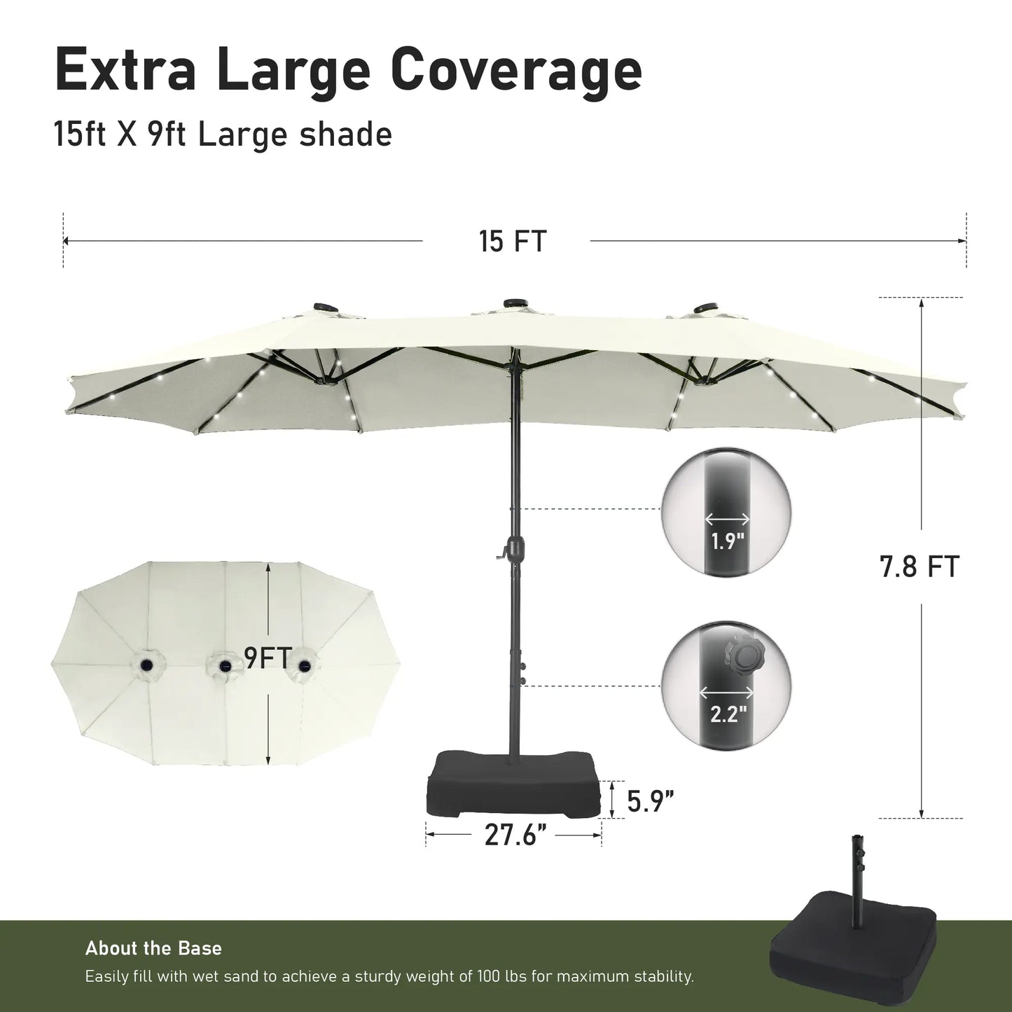 15Ft Extra-Large Double-Sided Patio Umbrella | Waterproof Outdoor Canopy with Base & Solar LED Option