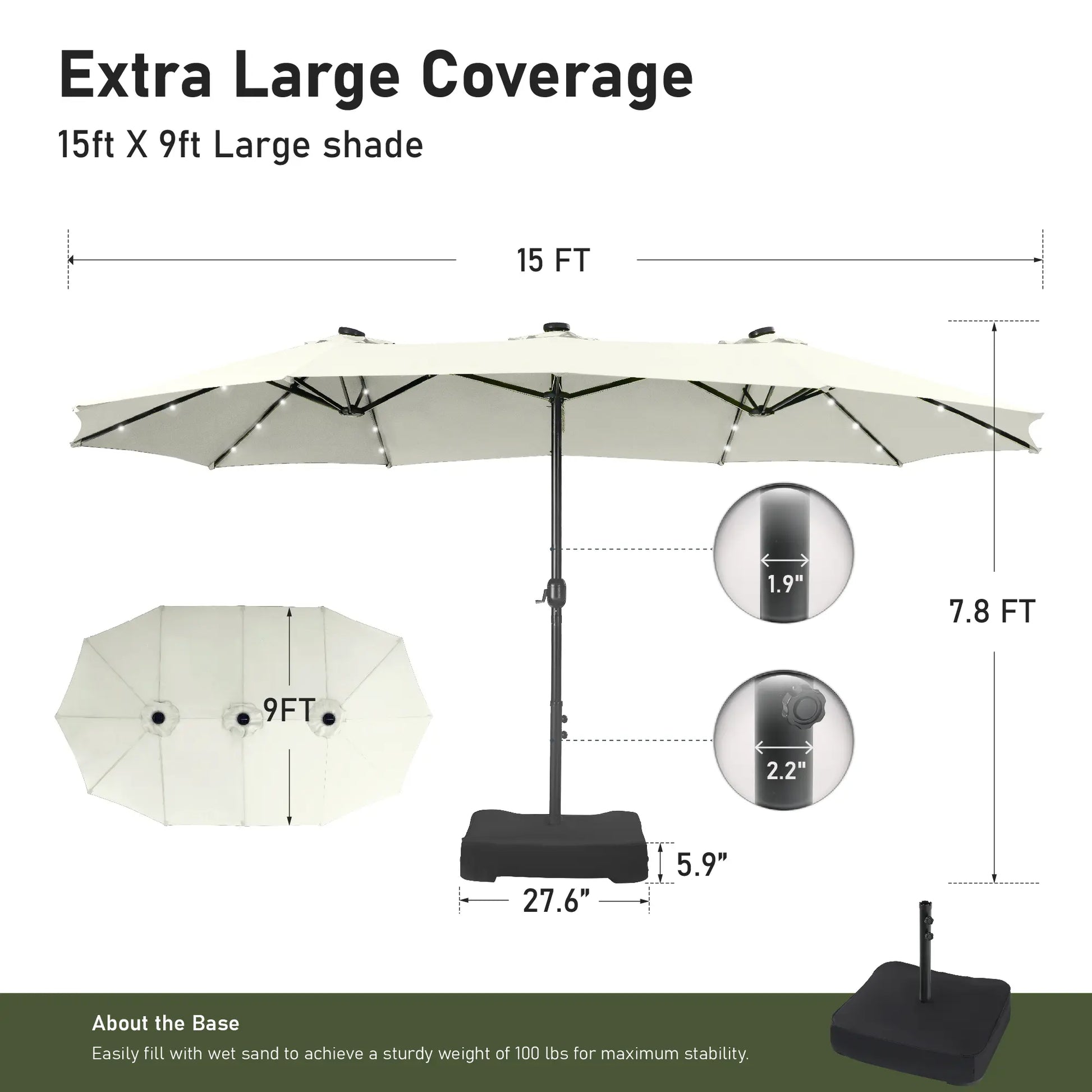 15Ft Extra-Large Double-Sided Patio Umbrella | Waterproof Outdoor Canopy with Base & Solar LED Option