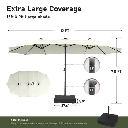 15Ft Extra-Large Double-Sided Patio Umbrella | Waterproof Outdoor Canopy with Base & Solar LED Option