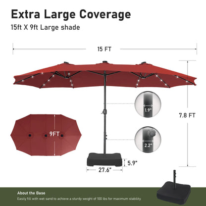15Ft Extra-Large Double-Sided Patio Umbrella | Waterproof Outdoor Canopy with Base & Solar LED Option